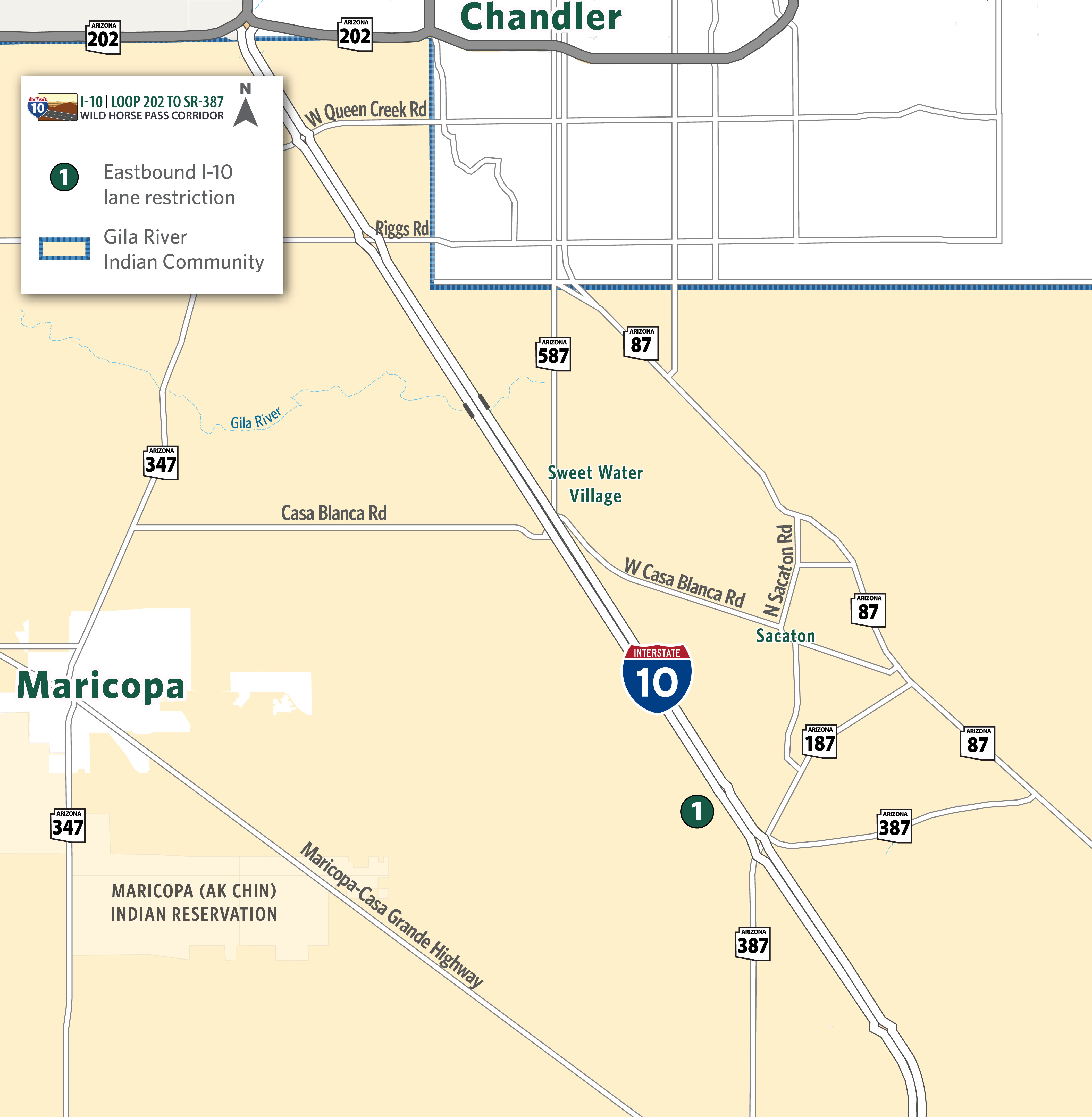 Map of eastbound I-10 detour in the Wild Horse Pass Corridor near Dirk Lay Road Bridge