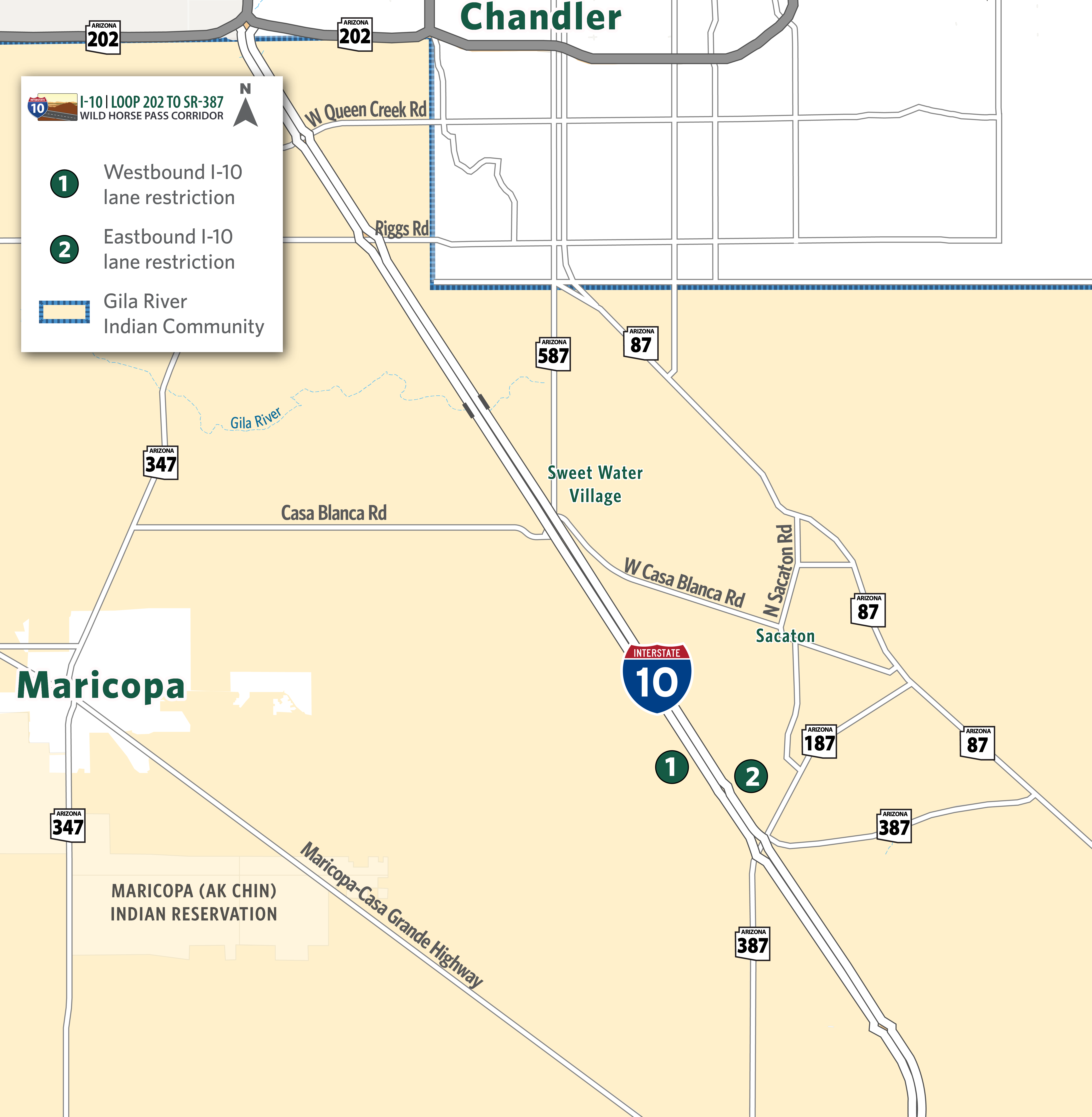 Map identifying I-10 eastbound and westbound lane restrictions between SR 387 and Gas Line Road