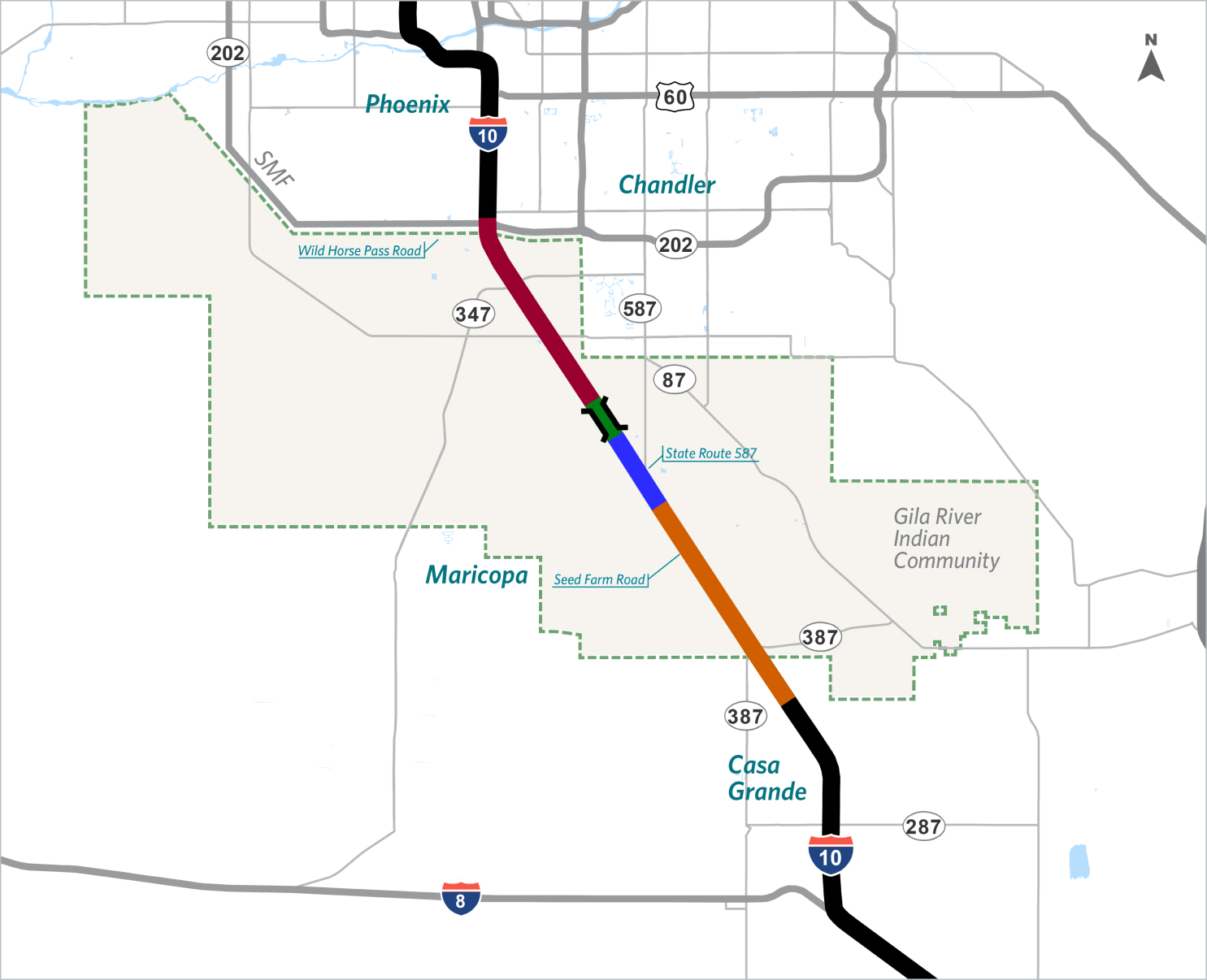 A segmented map of the complete I-10 Wild Horse Pass corridor showing the four induvial project segments. 