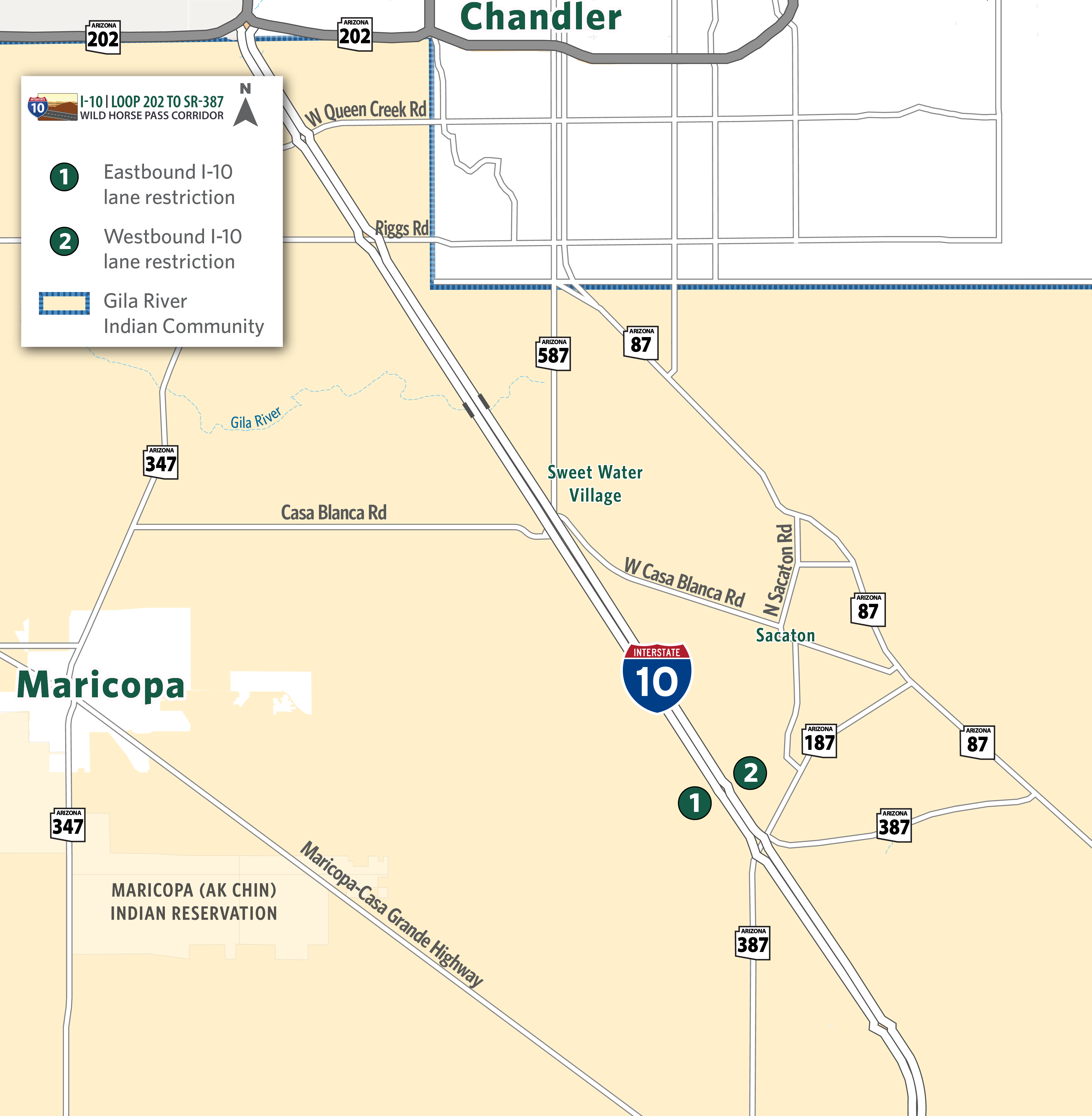 Map identifying I-10 eastbound and westbound lane restrictions near Dirk Lay Road.