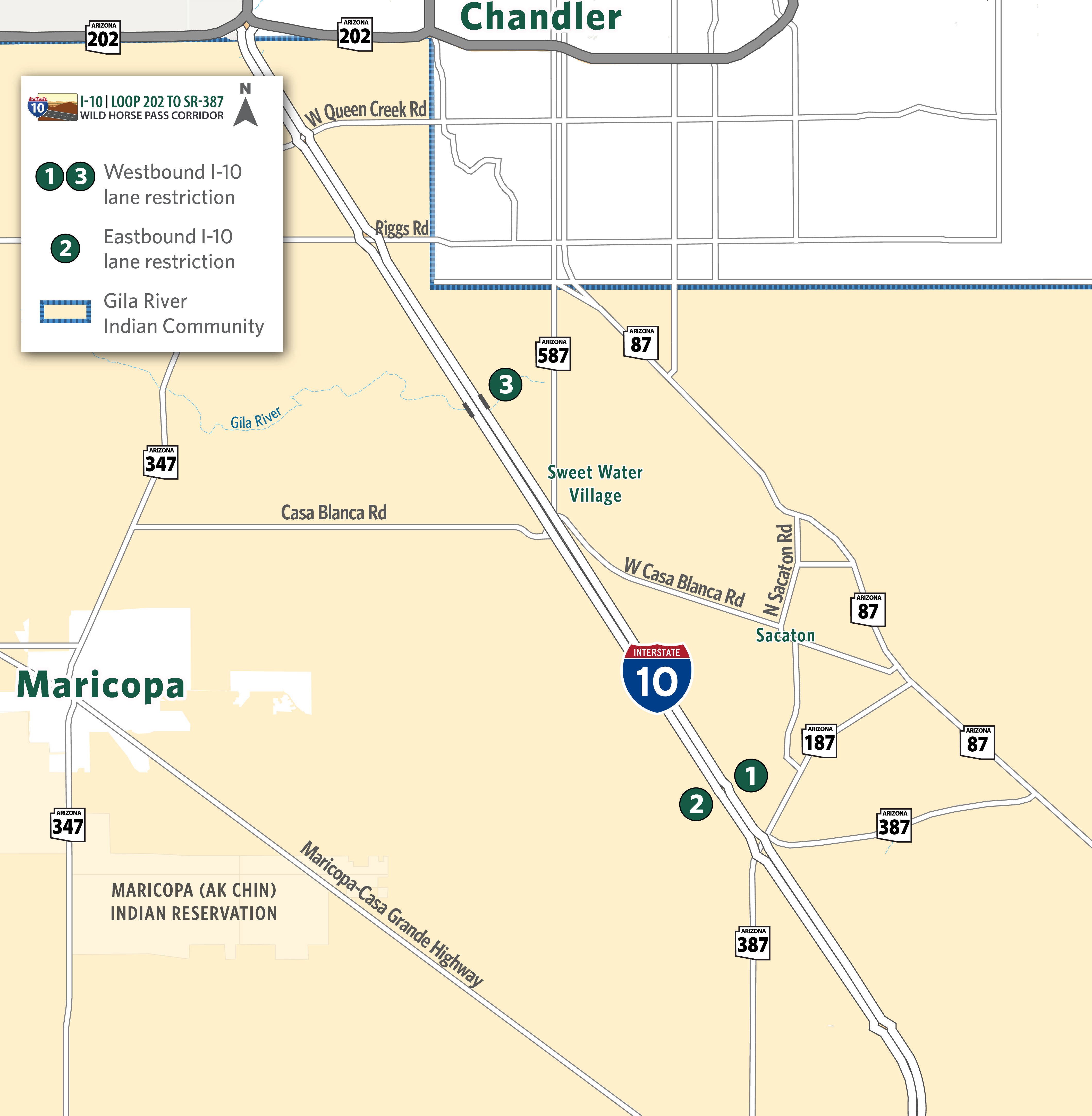Map identifying I-10 eastbound and westbound lane restrictions between the Gila River Bridge and SR 387.
