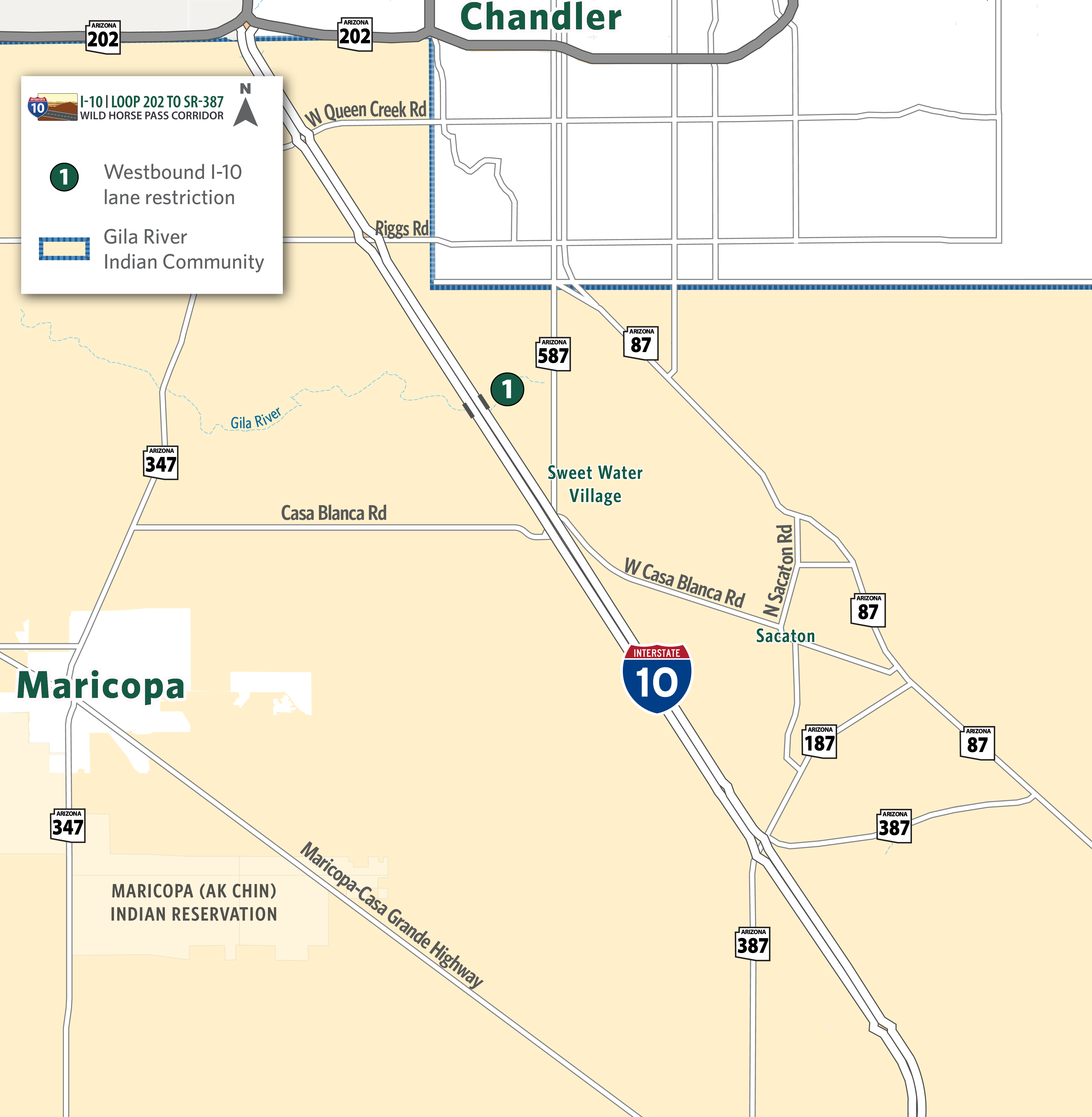 Map identifying I-10 westbound lane restrictions at the Gila River bridge.